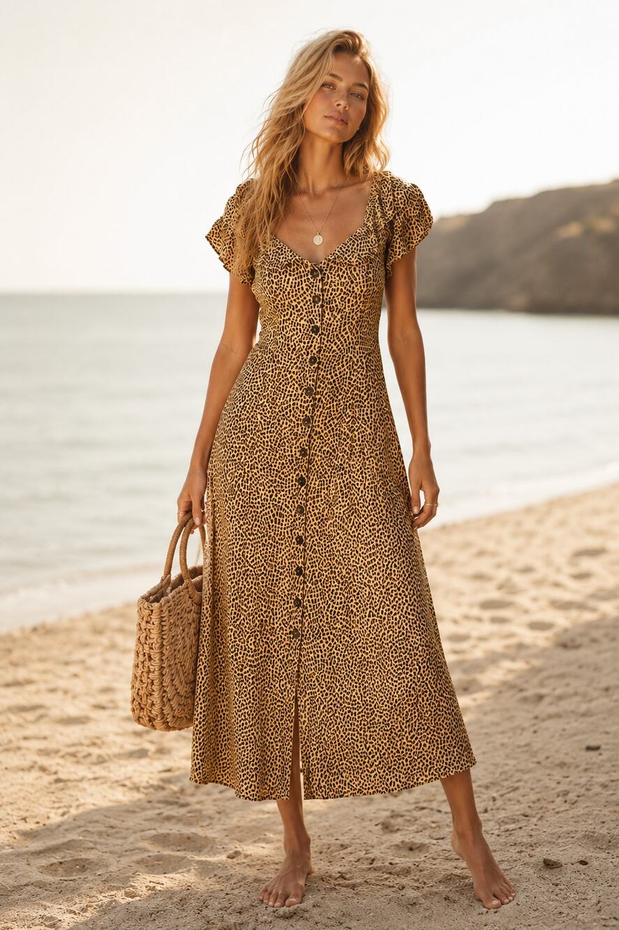 Anthropologie Yellow Brown Leopard Print Midi Sun Dress Womens 2P Ruffled Button